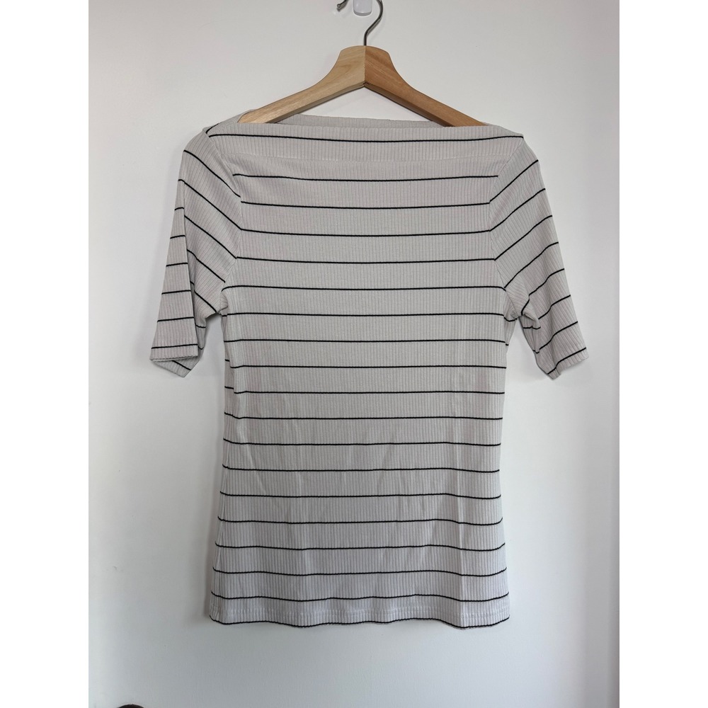 Banana‎ Republic Boatneck Striped Ribbed Top White Black Elbow Sleeve Small